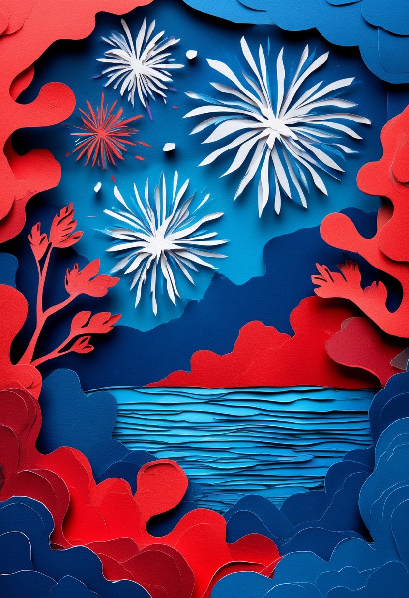 Lakefire Night Celebration — Independence Day cut-paper-style greeting card