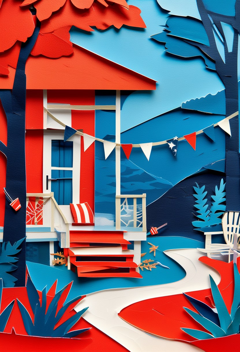 Lakeside Summer Retreat — Summer cut-paper-style greeting card