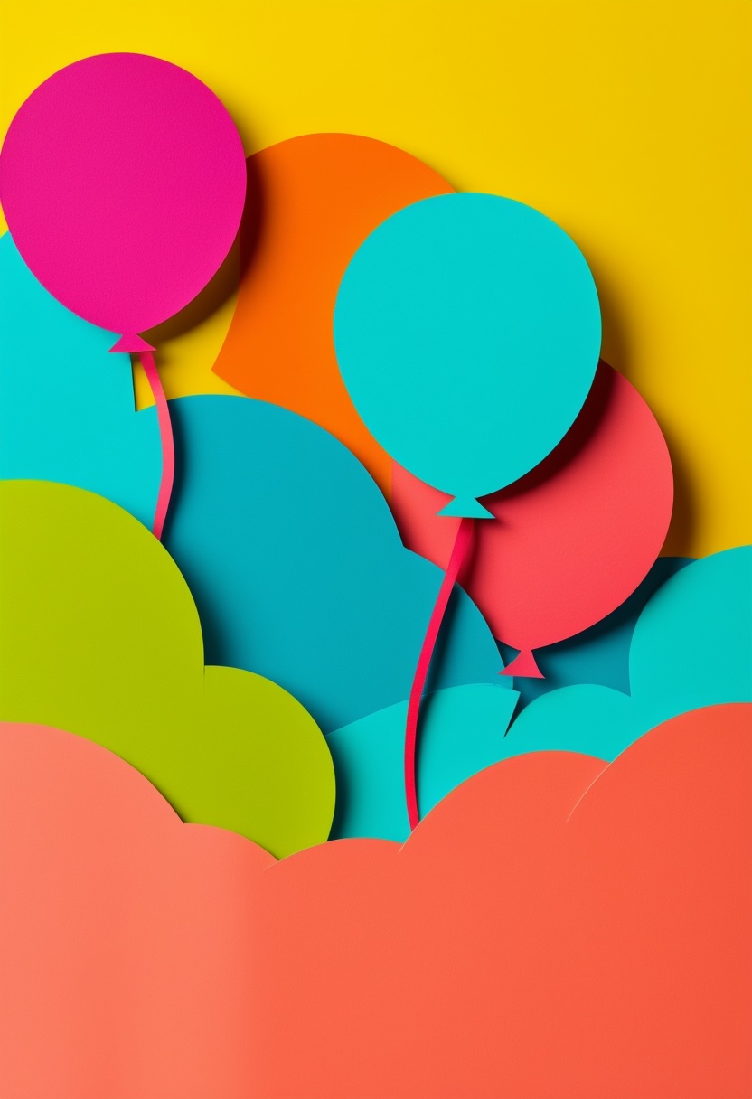 Layered Balloon Sky Celebration — Birthday cut-paper-style greeting card
