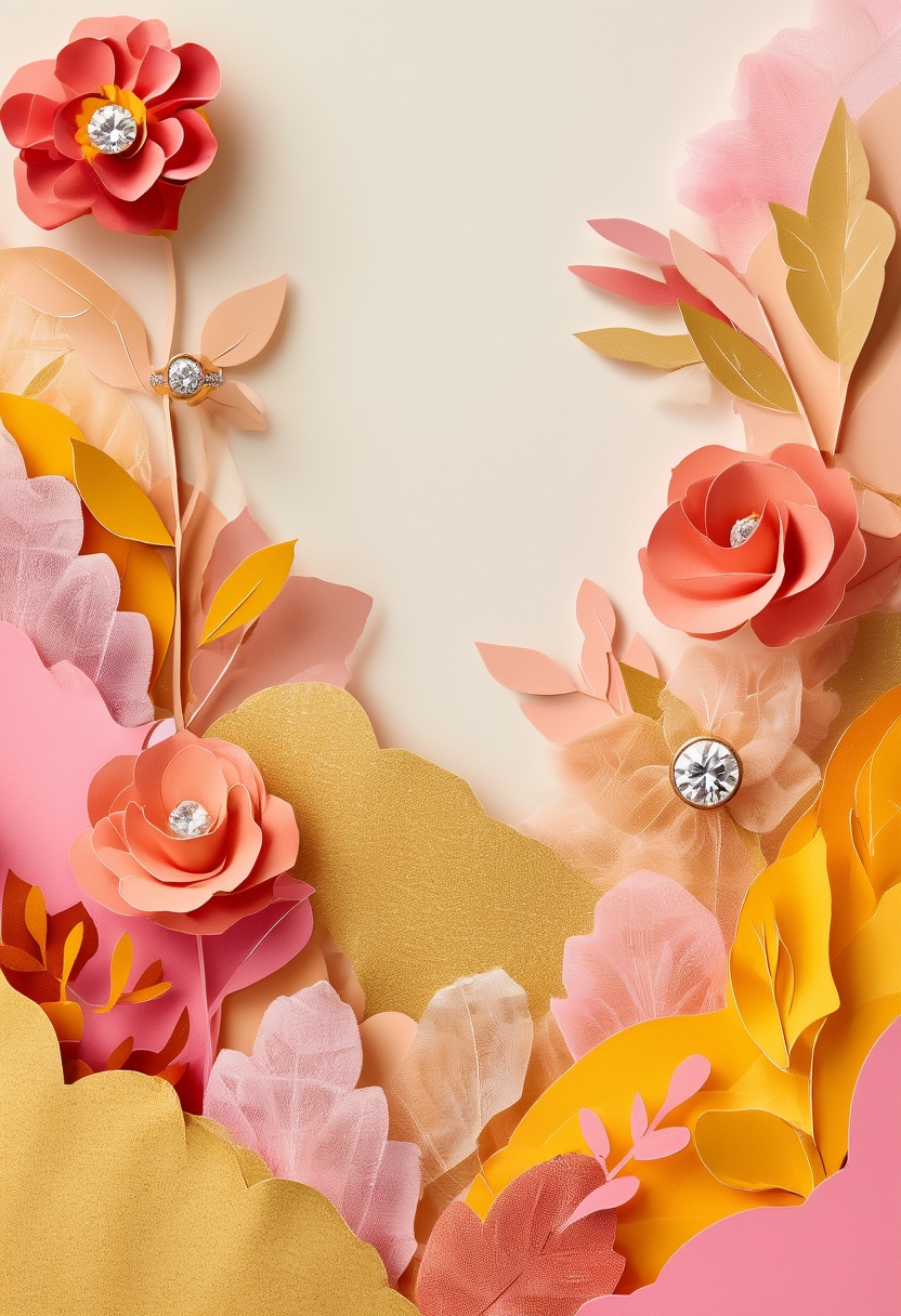 Layered Blossoms with Diamonds — Engagement cut-paper-style greeting card