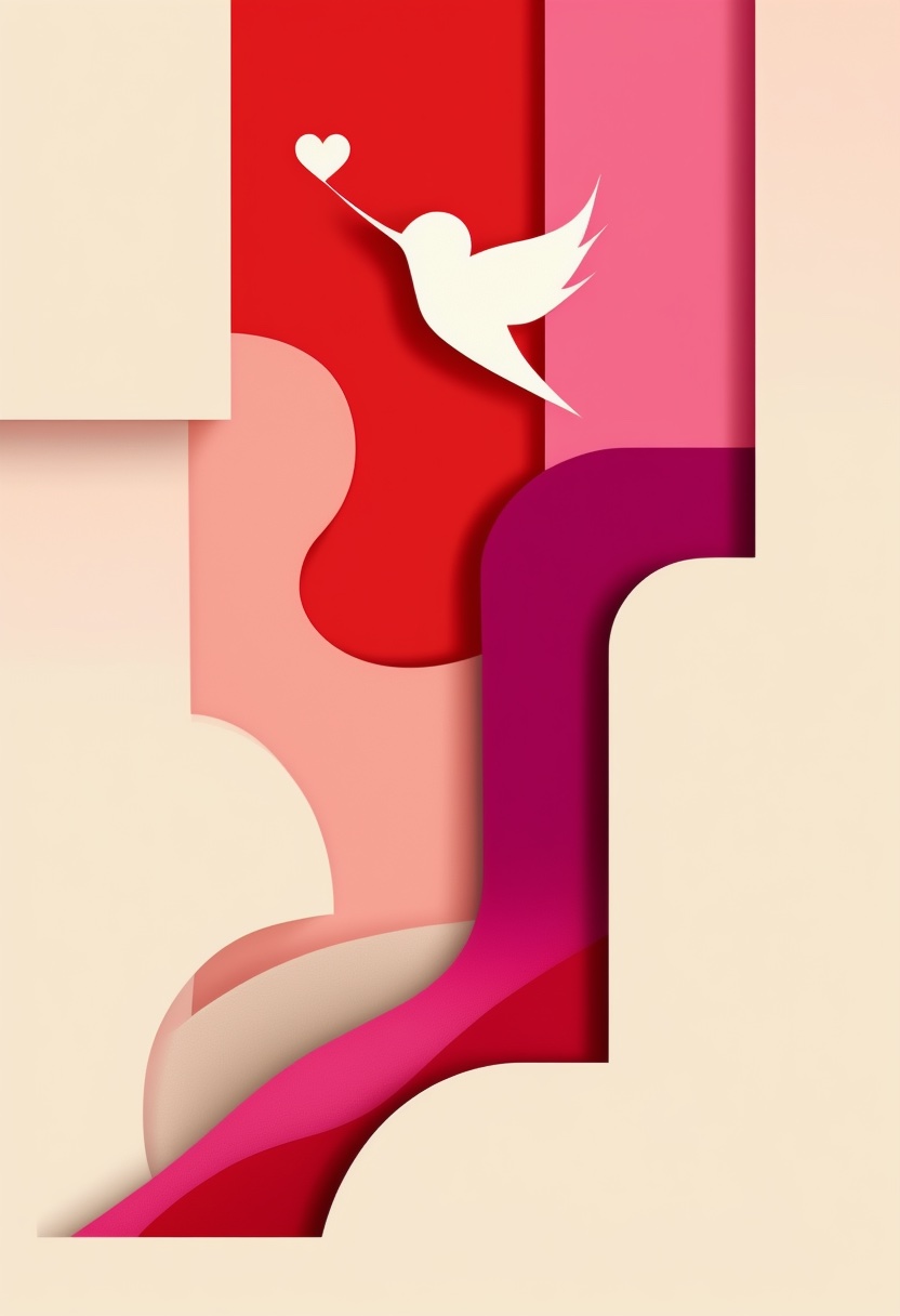 Layered Crimson Bird Embrace — Love cut-paper-style greeting card