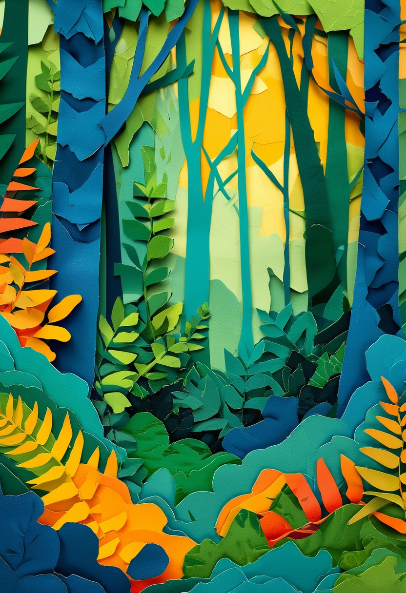Layered Forest Morning Light — Just Because cut-paper-style greeting card