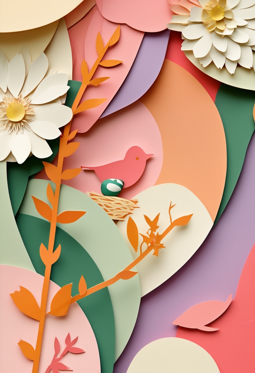 Layered Garden Bird Nest — Mother's Day cut-paper-style greeting card