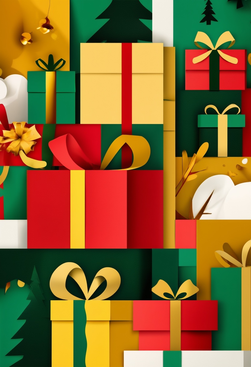 Layered Gift Boxes in Red and Gold — Christmas cut-paper-style greeting card