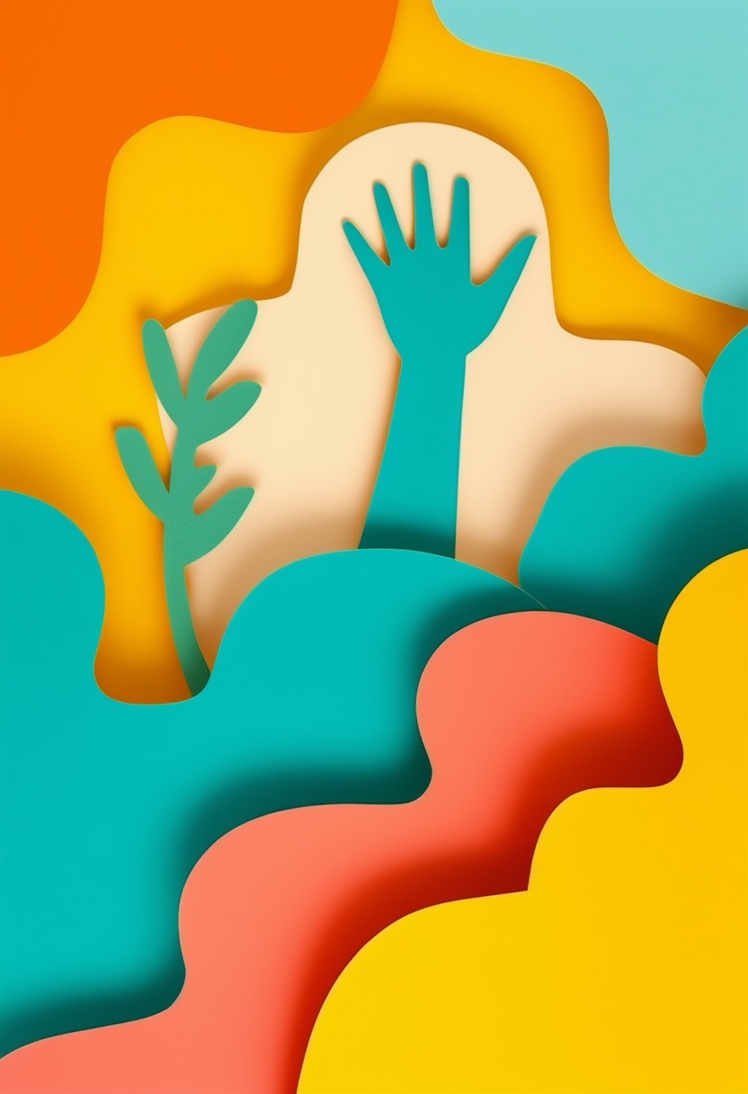Layered Hand Wave Sunrise — Hello cut-paper-style greeting card