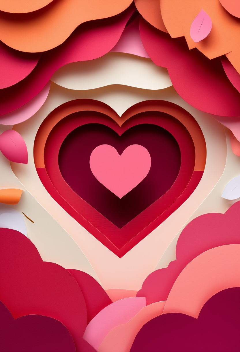 Layered Heart Petal Collage — Valentine's Day cut-paper-style greeting card