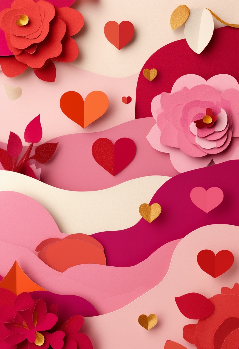 Layered Hearts & Roses Collage — Valentine's Day cut-paper-style greeting card