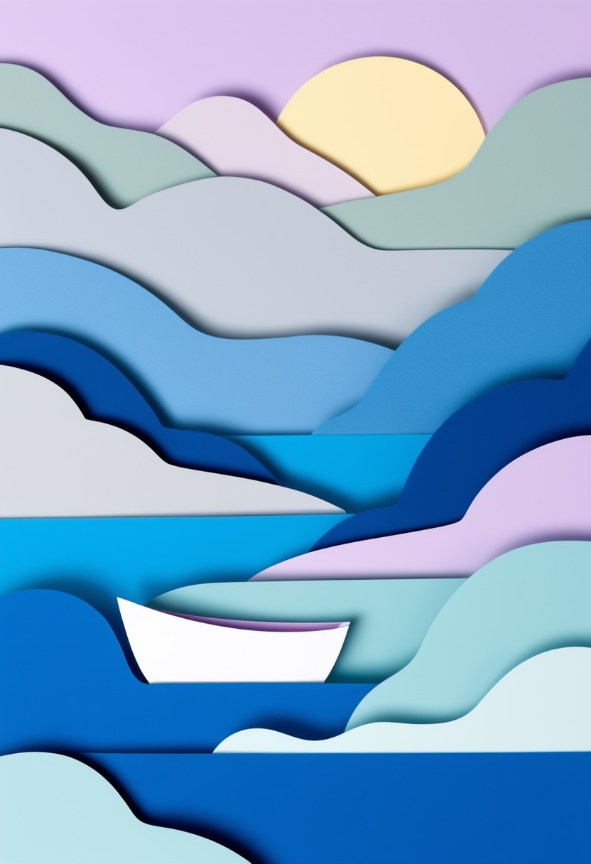 Layered Horizon Boat Drift — Missing You cut-paper-style greeting card
