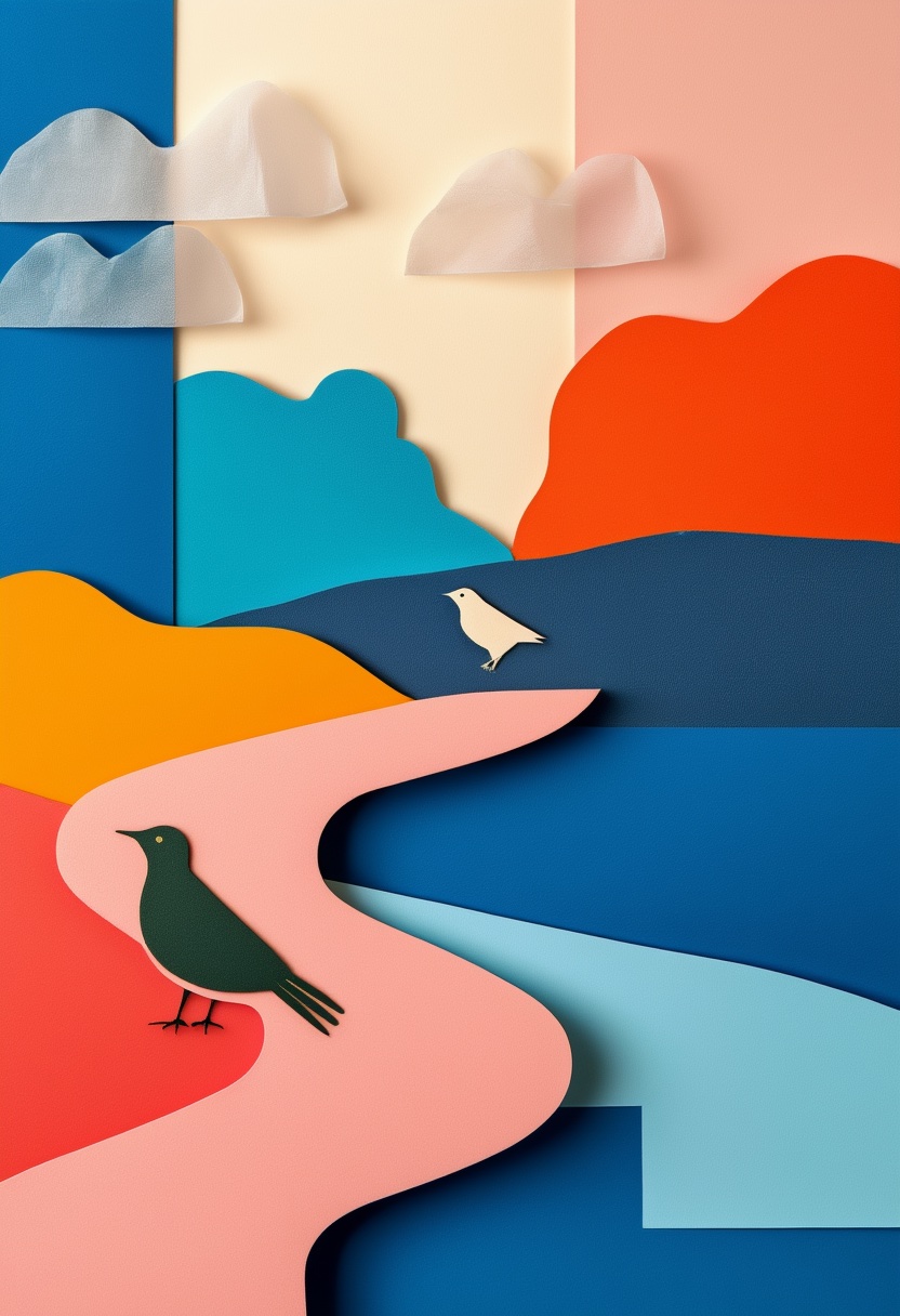 Layered Landscape Birds — Keeping in Touch cut-paper-style greeting card