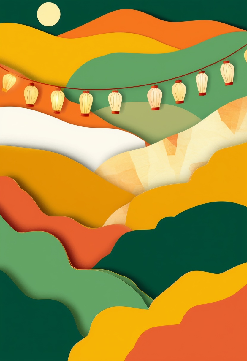 Layered Mountain Lanterns — Reunion cut-paper-style greeting card