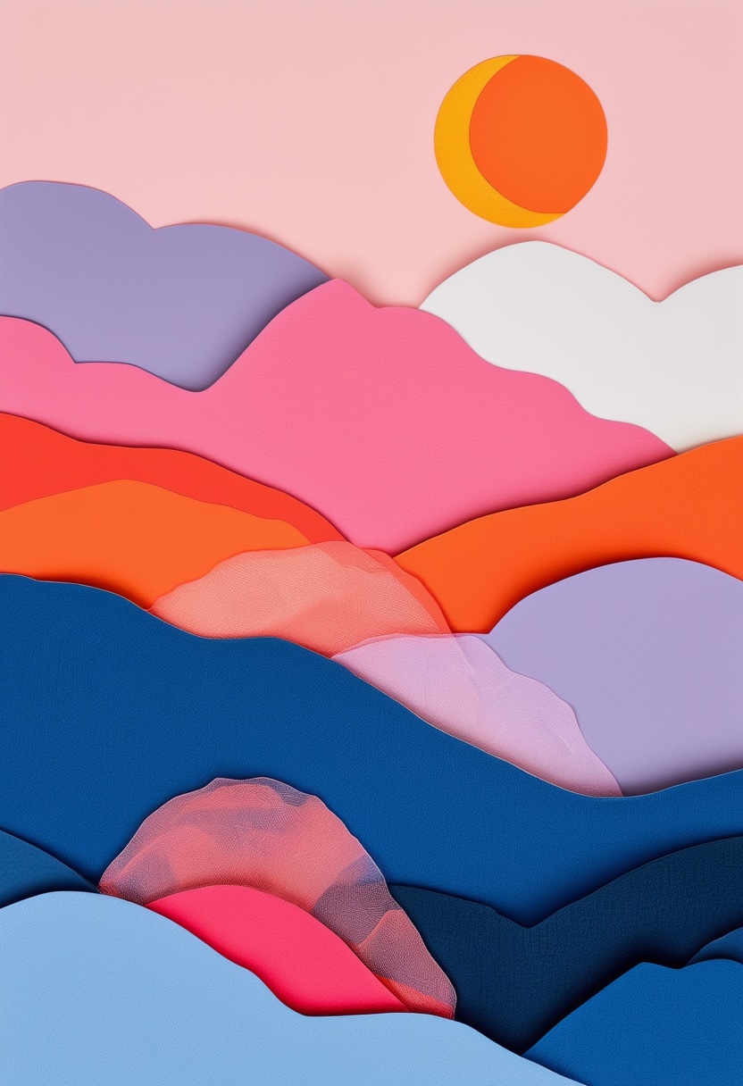 Layered Mountain Sunrise — Missing You cut-paper-style greeting card