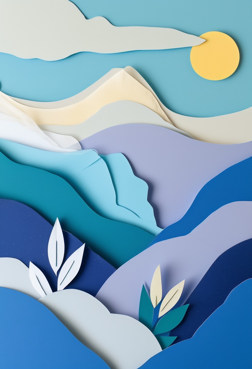 Layered Mountains Sunlight — Missing You cut-paper-style greeting card