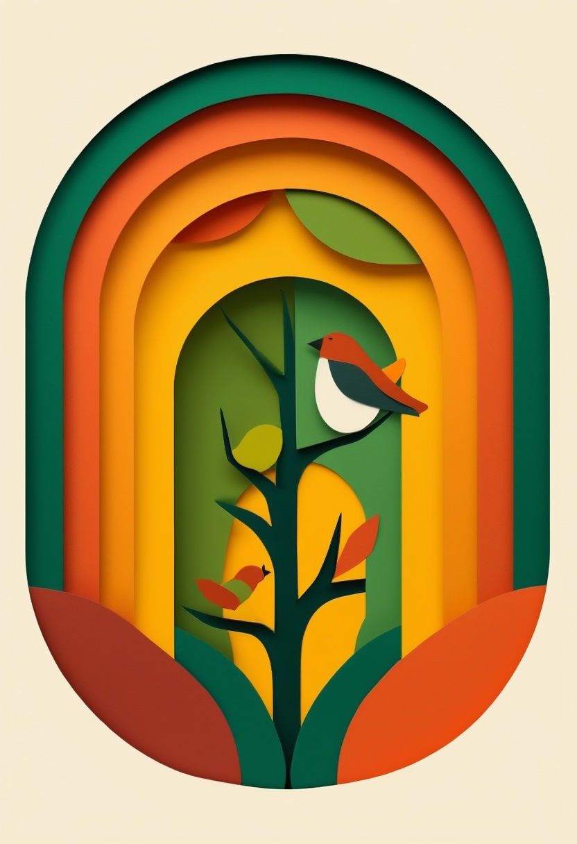 Layered Paper Bird in Autumn — Reunion cut-paper-style greeting card