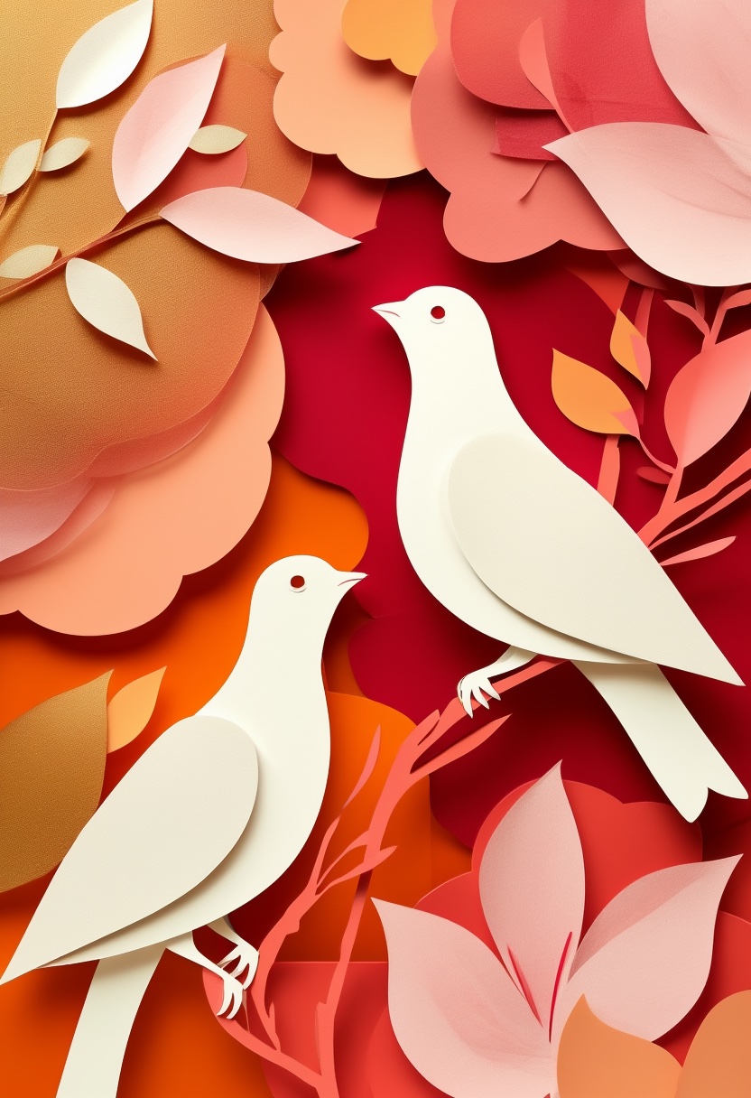 Layered Paper Birds in Bloom — Anniversary cut-paper-style greeting card