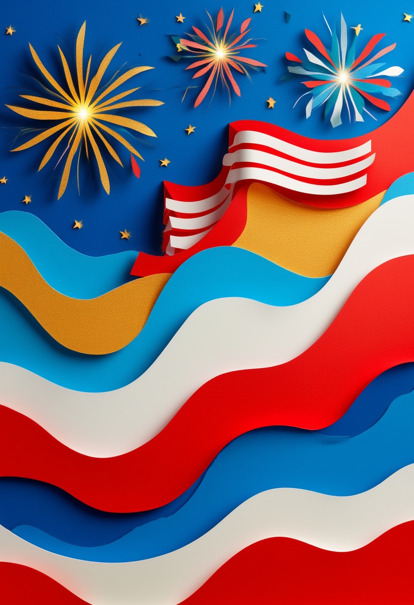 Layered Paper-Cut Fireworks Celebration — Independence Day cut-paper-style greeting card