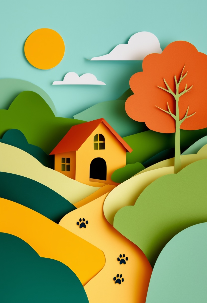 Layered Paper Doghouse Trail — New Home cut-paper-style greeting card