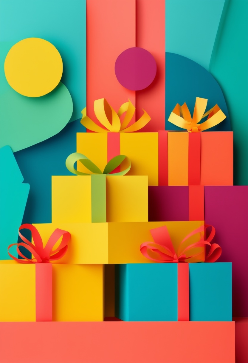 Layered Paper Gift Stack — Birthday cut-paper-style greeting card