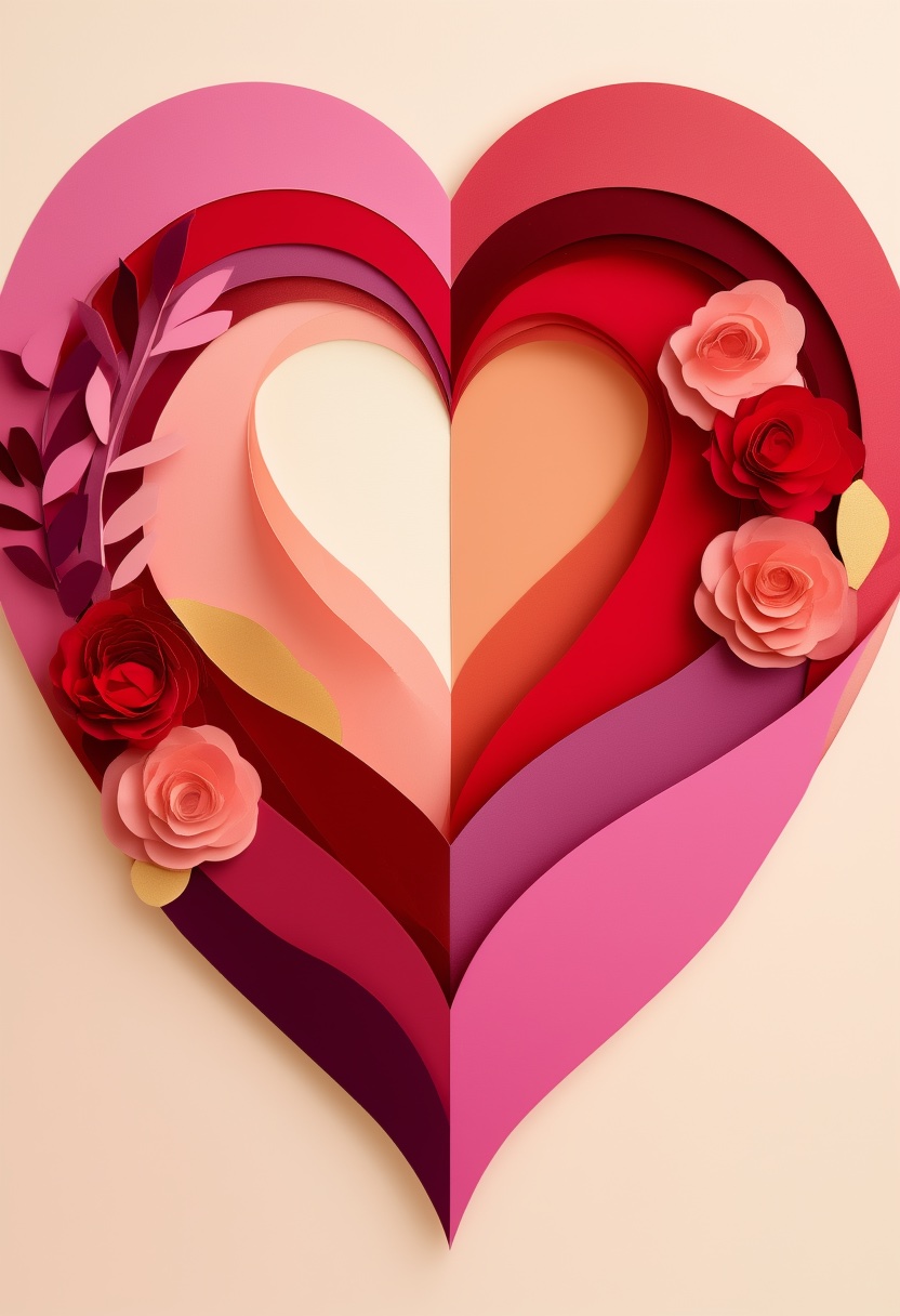 Layered Paper Heart Bloom — Valentine's Day cut-paper-style greeting card