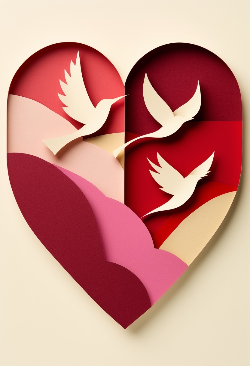 Layered Paper Heart Flock — Valentine's Day cut-paper-style greeting card