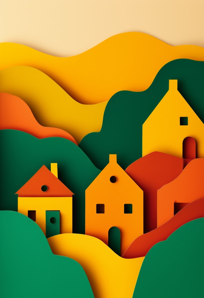 Layered Paper Homes Nestled — Reunion cut-paper-style greeting card