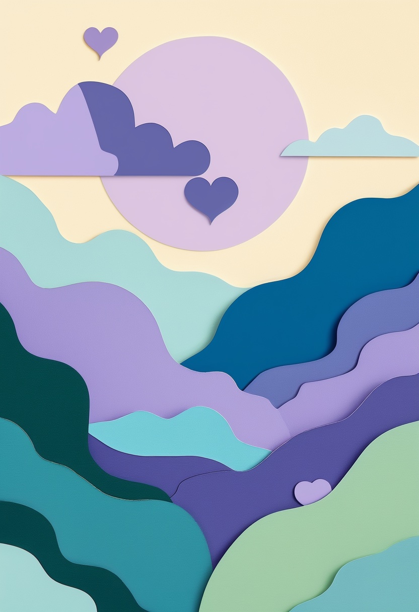 Layered Paper Mountain Hearts — Thinking of You cut-paper-style greeting card