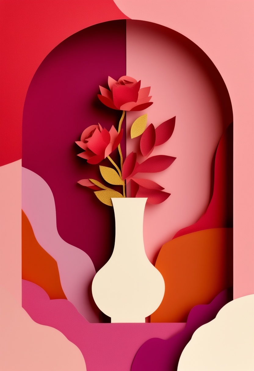 Layered Paper Rose Embrace — Valentine's Day cut-paper-style greeting card