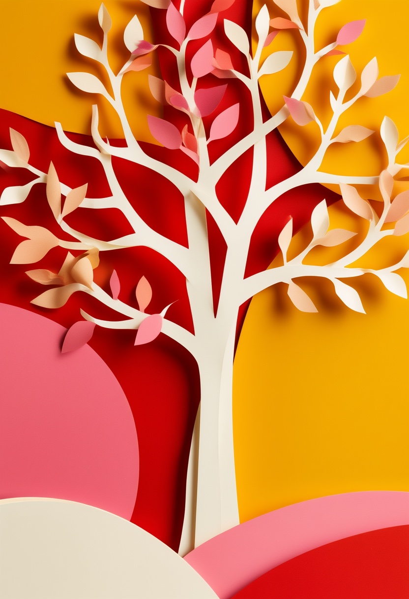 Layered Paper Tree Harmony — Anniversary cut-paper-style greeting card