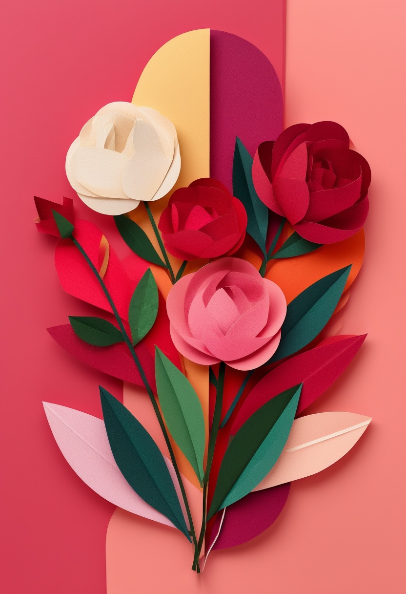 Layered Rose Bouquet — Valentine's Day cut-paper-style greeting card