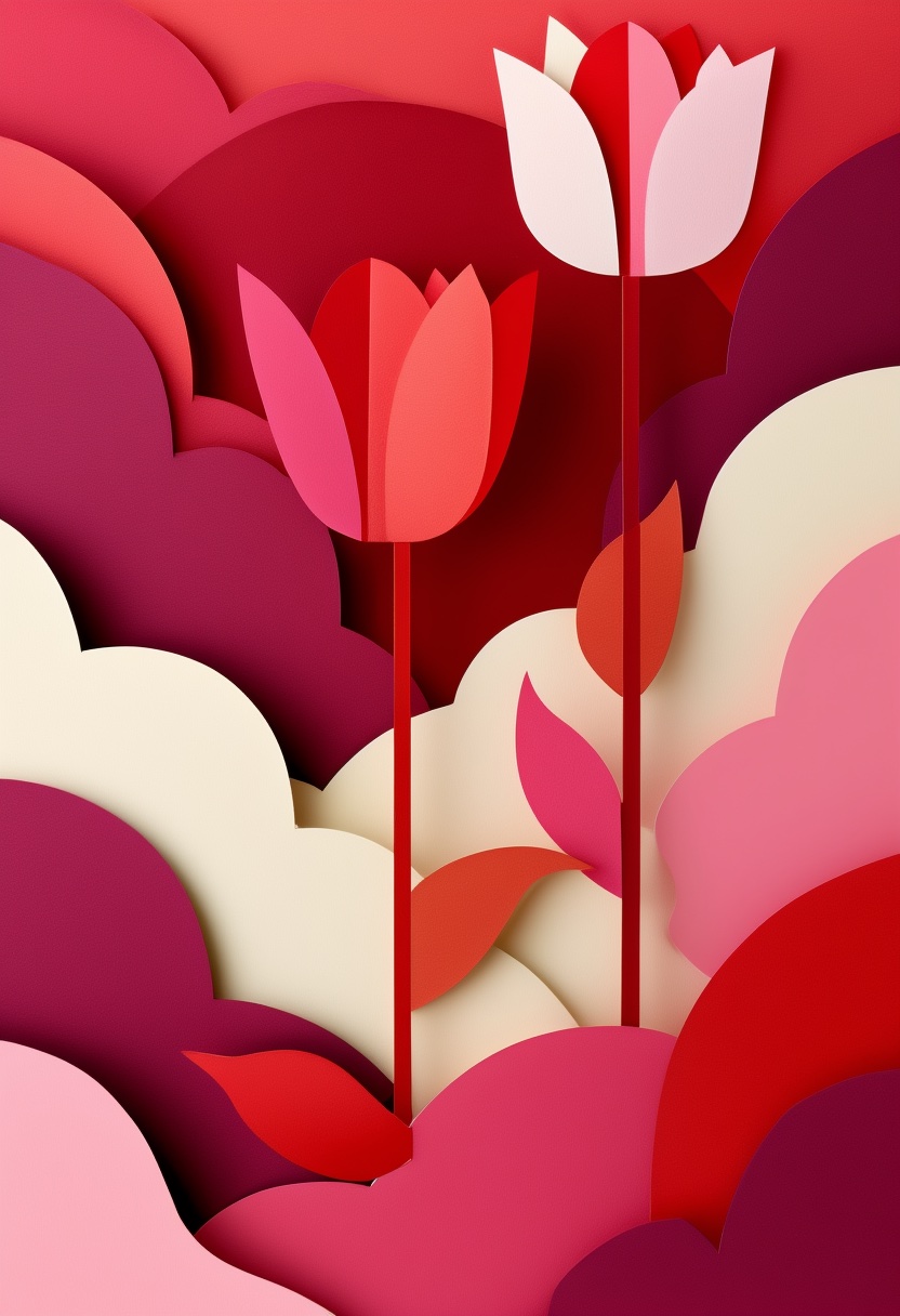 Layered Tulip Bloom Vignette — Valentine's Day cut-paper-style greeting card