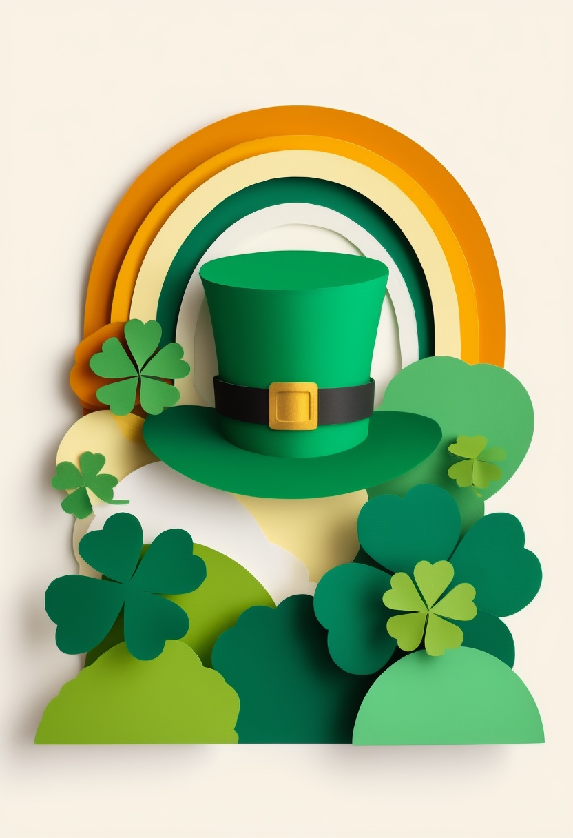 Leprechaun Hat Above Clover Collage — St. Patrick's Day cut-paper-style greeting card