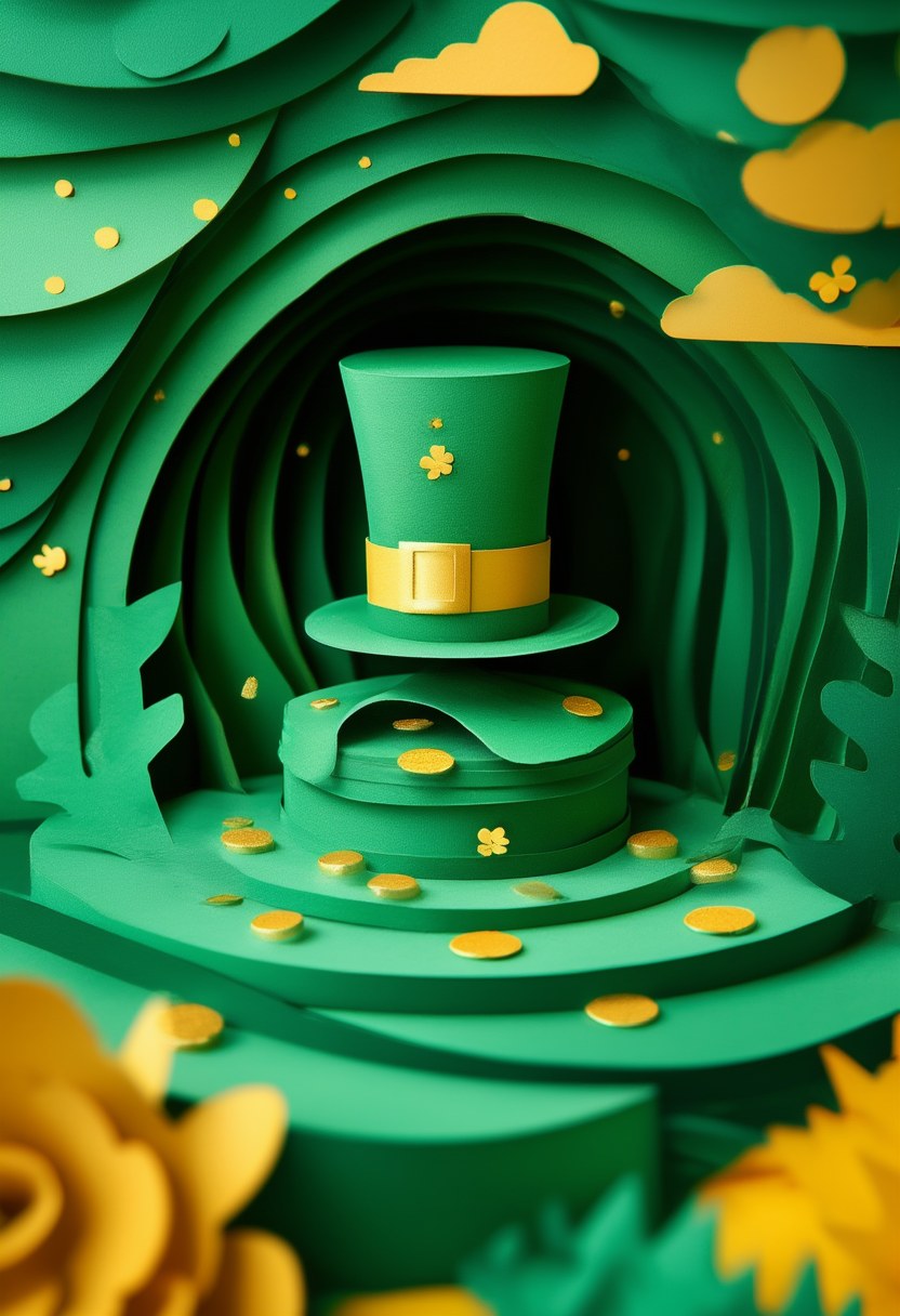 Leprechaun's Emerald Burrow — St. Patrick's Day cut-paper-style greeting card