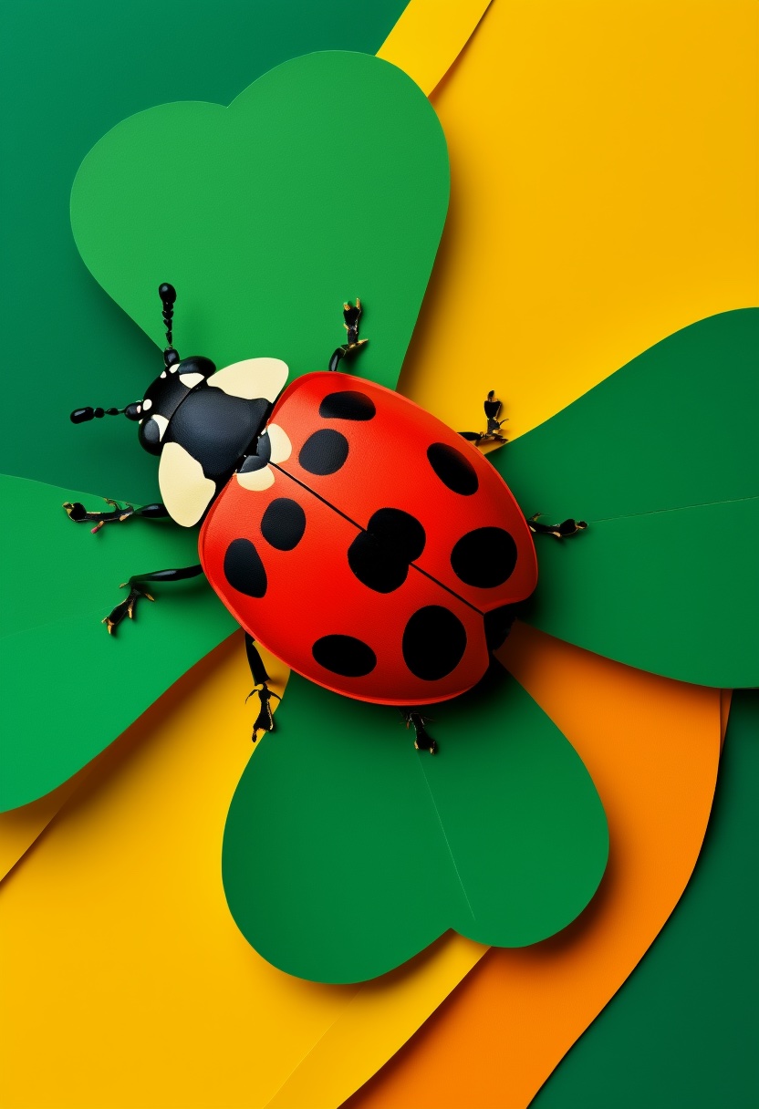 Lucky Ladybug on Clover — Good Luck cut-paper-style greeting card