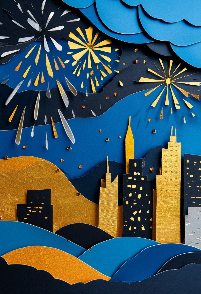 Midnight Fireworks Cityscape — Celebration cut-paper-style greeting card