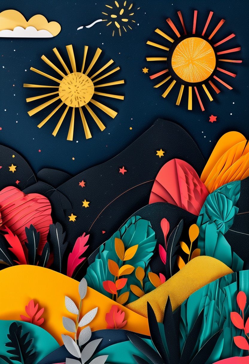 Midnight Fireworks Over Mountains — New Year's Day cut-paper-style greeting card