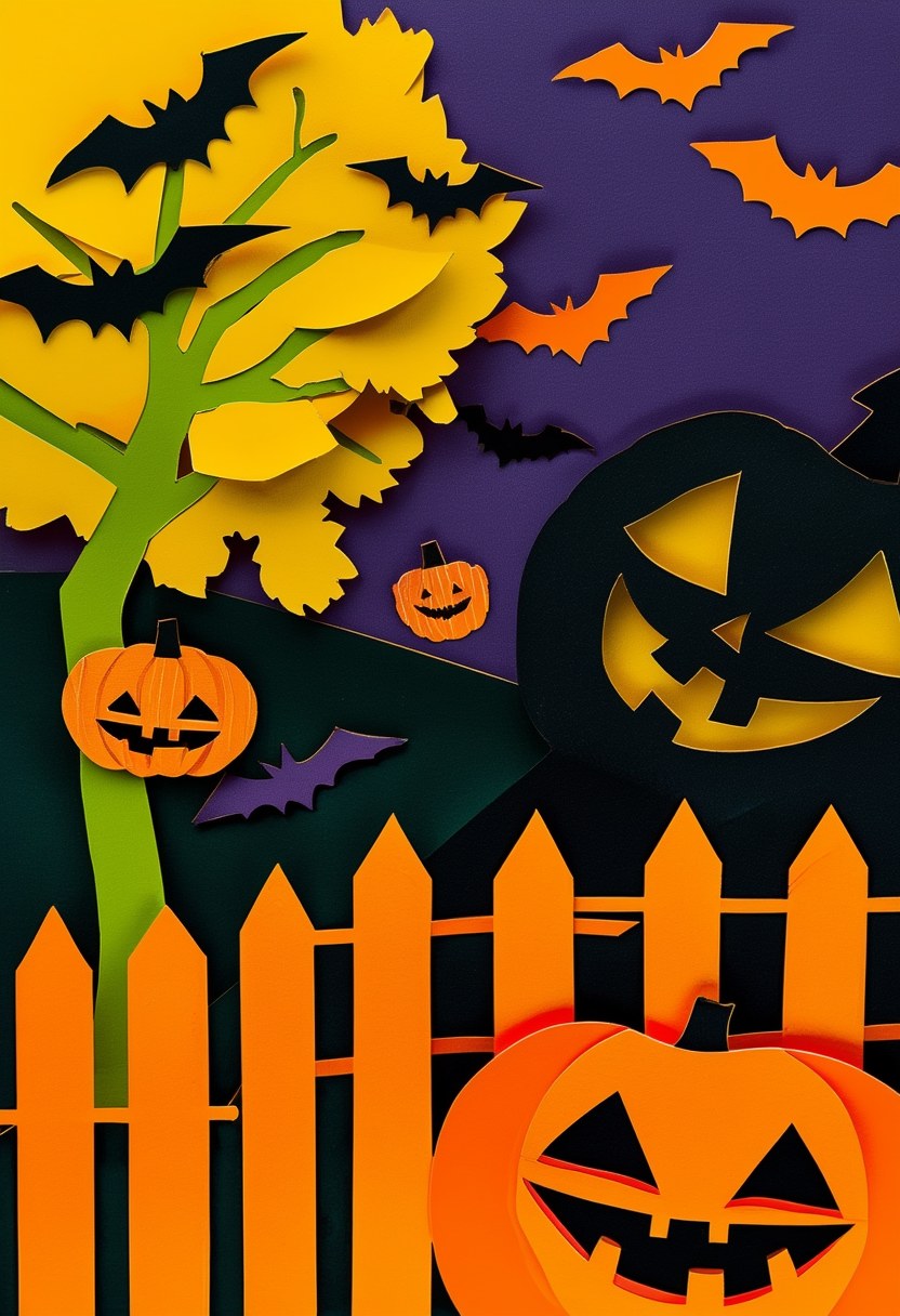 Midnight Halloween Trio — Halloween cut-paper-style greeting card