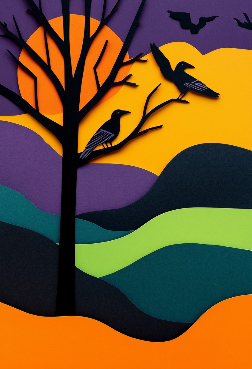 Midnight Raven Silhouette — Halloween cut-paper-style greeting card