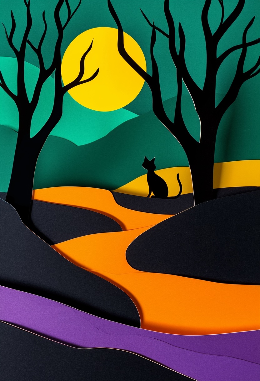 Moonlit Cat Halloween — Halloween cut-paper-style greeting card