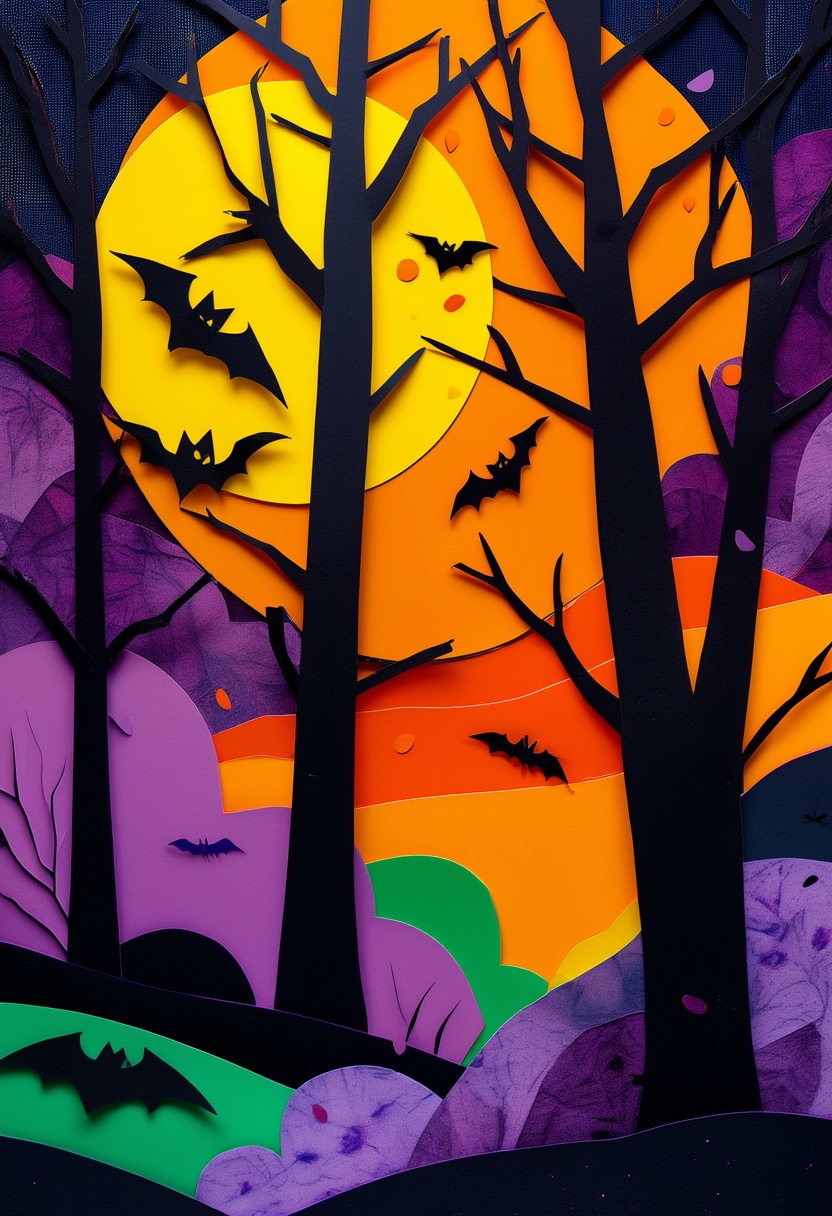 Moonlit Forest Silhouettes — Halloween cut-paper-style greeting card