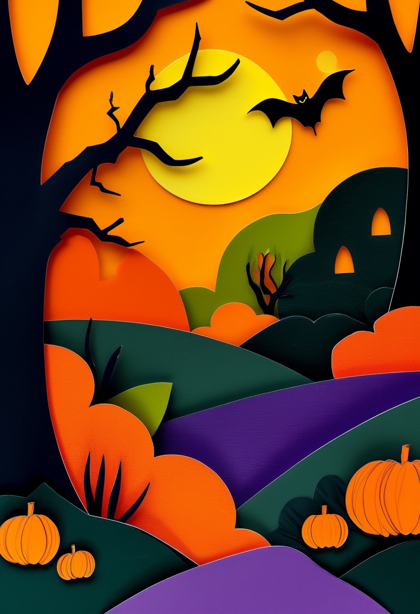 Moonlit Pumpkin Harvest — Halloween cut-paper-style greeting card