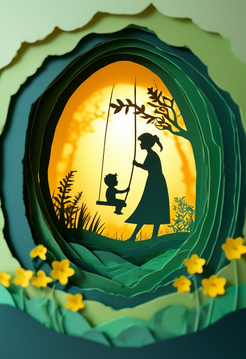 Mother's Day Garden Scene — Mother's Day cut-paper-style greeting card