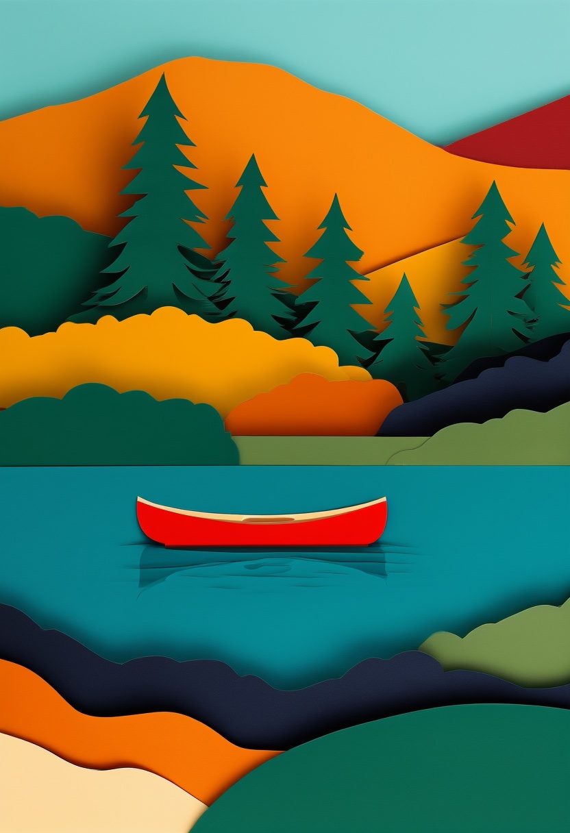 Mountain Lake Canoe Journey — Father's Day cut-paper-style greeting card