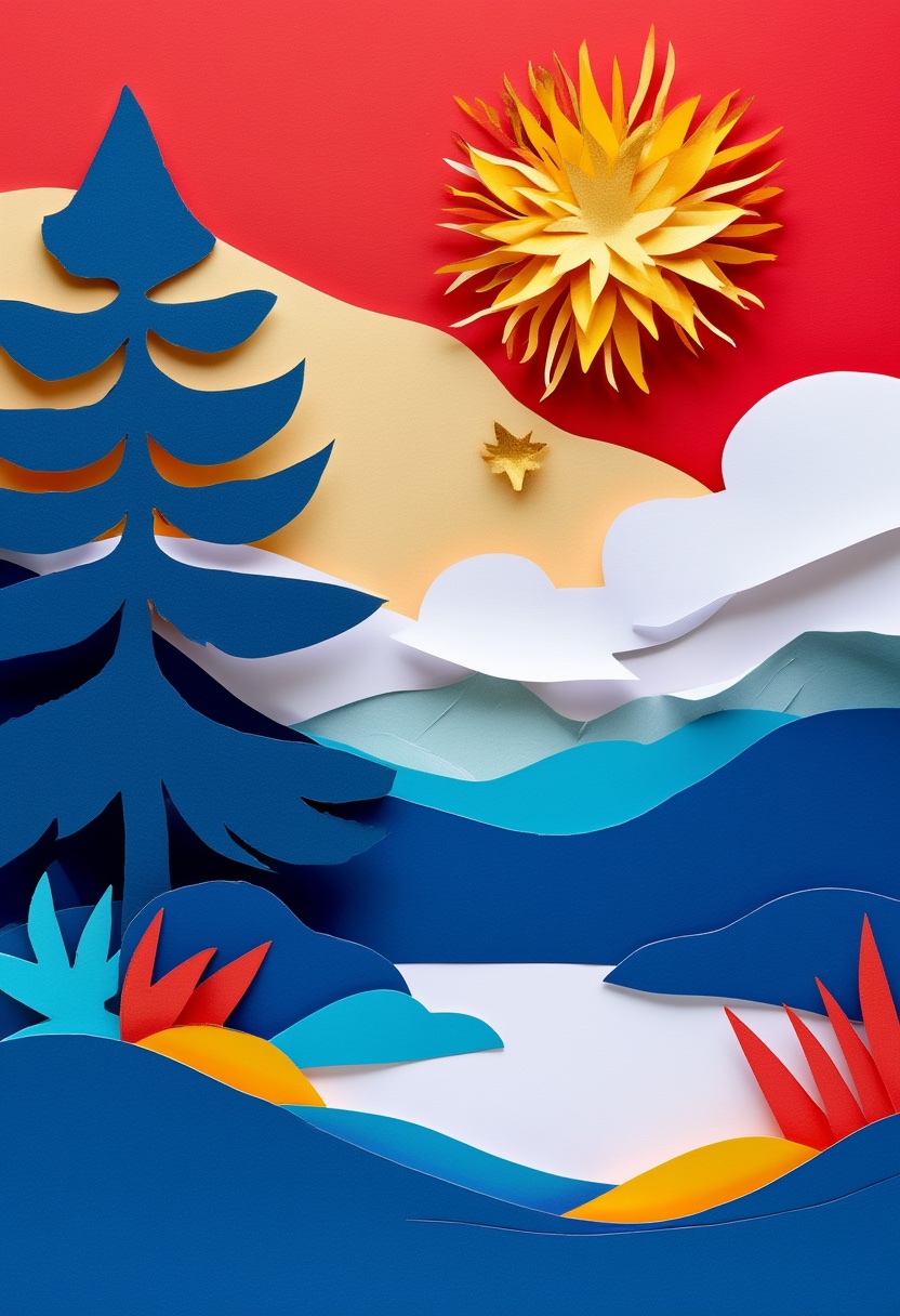 Mountain Lake Sunrise — Independence Day cut-paper-style greeting card