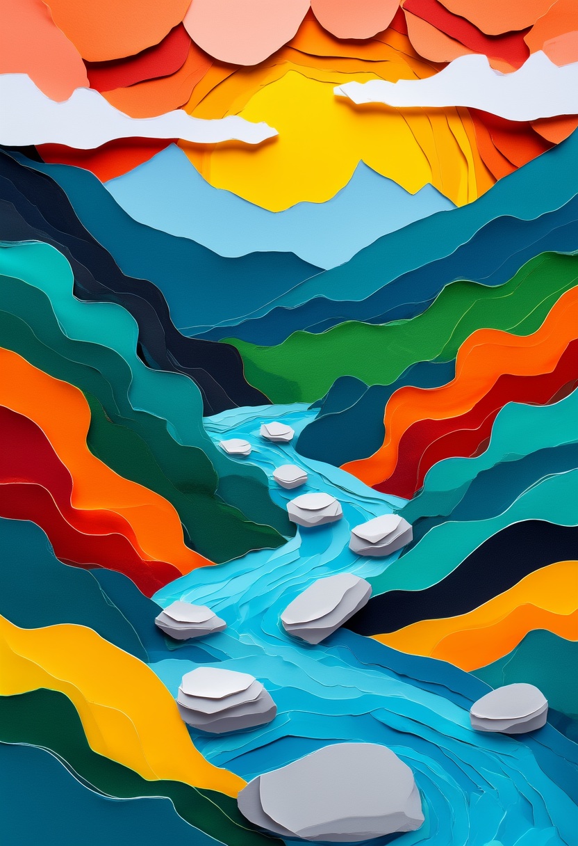 Mountain Stream Cut-Paper Journey — Just Because cut-paper-style greeting card