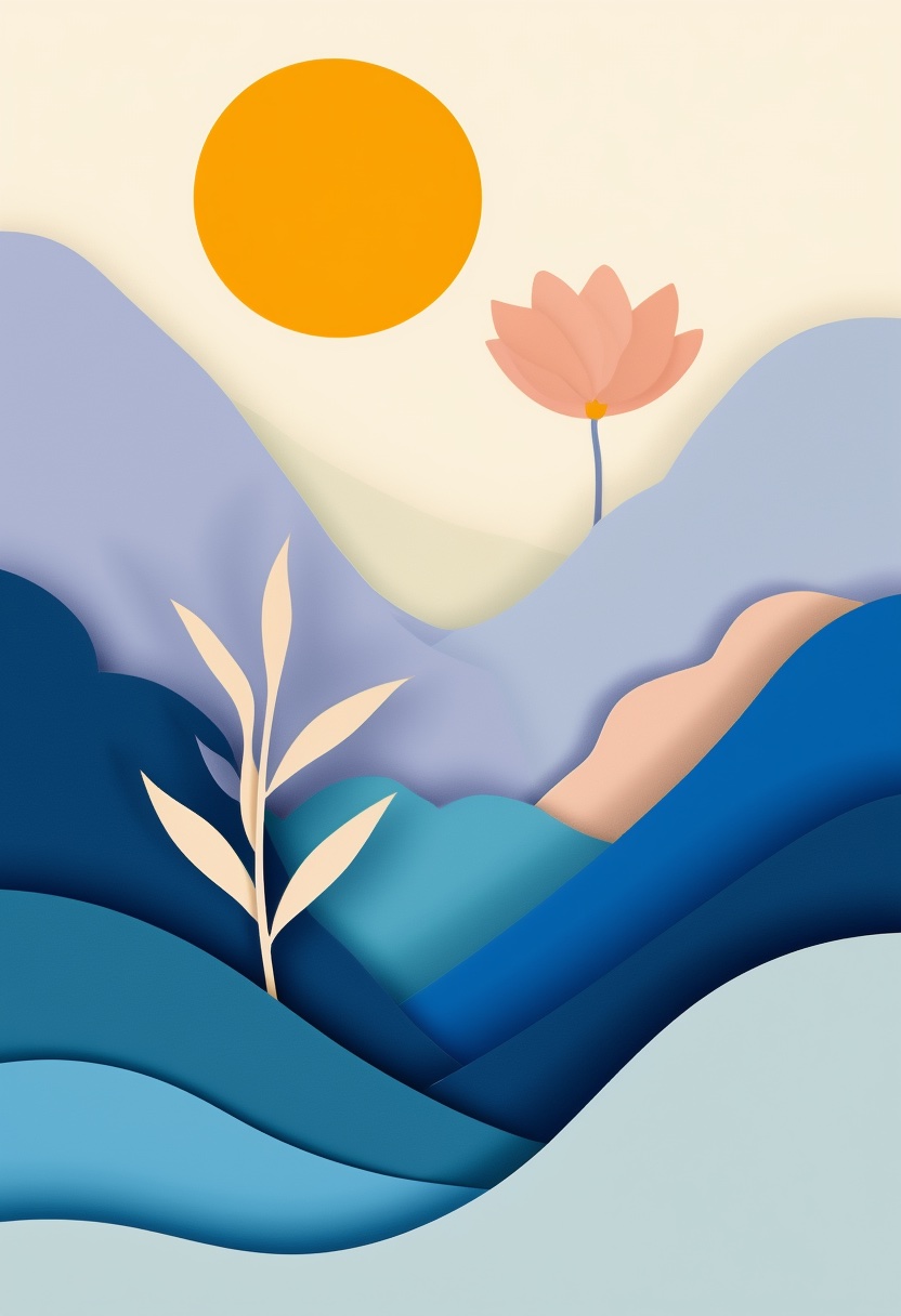 Mountain Sunrise Bloom — Missing You cut-paper-style greeting card