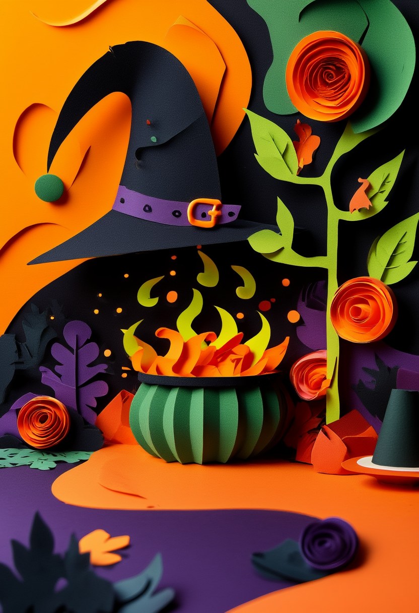 Mystical Witch's Bloom — Halloween cut-paper-style greeting card