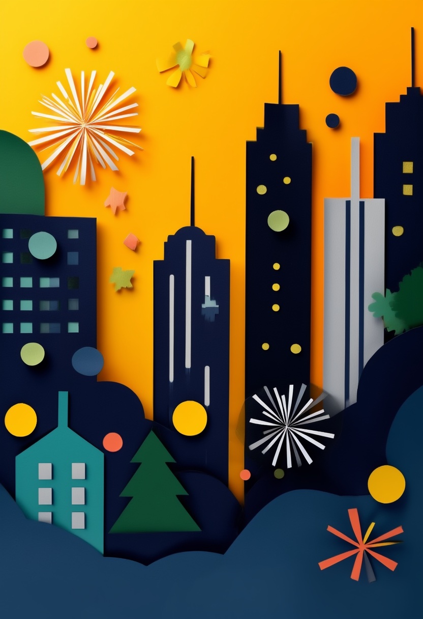 New Year's City Fireworks — New Year's Day cut-paper-style greeting card