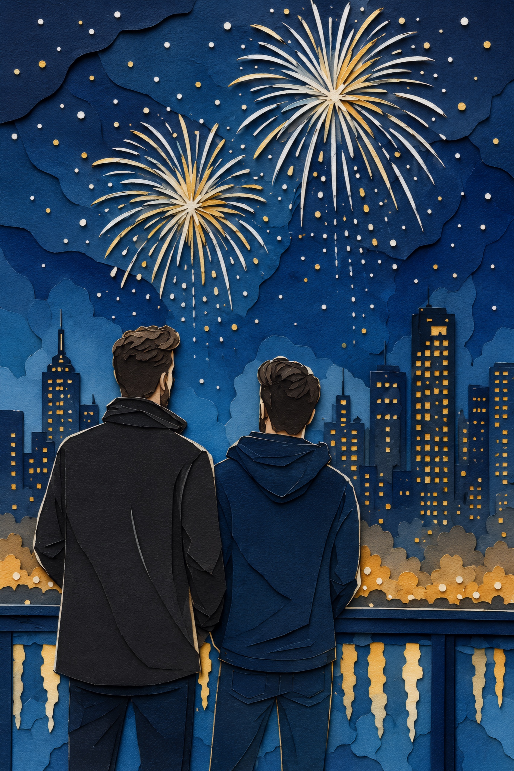 New Year's Skyline — Pride cut-paper-style greeting card