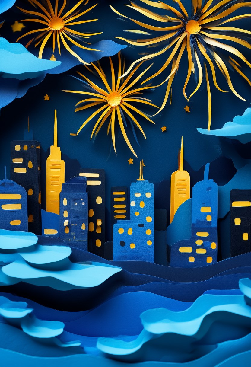 Night City Reverie — Celebration cut-paper-style greeting card