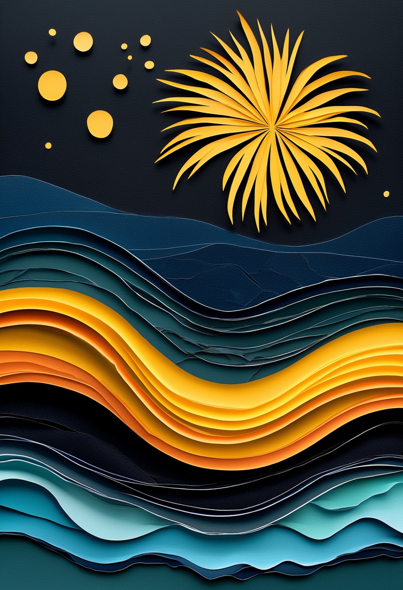 Ocean Sunset Collage Layers — New Year's Day cut-paper-style greeting card