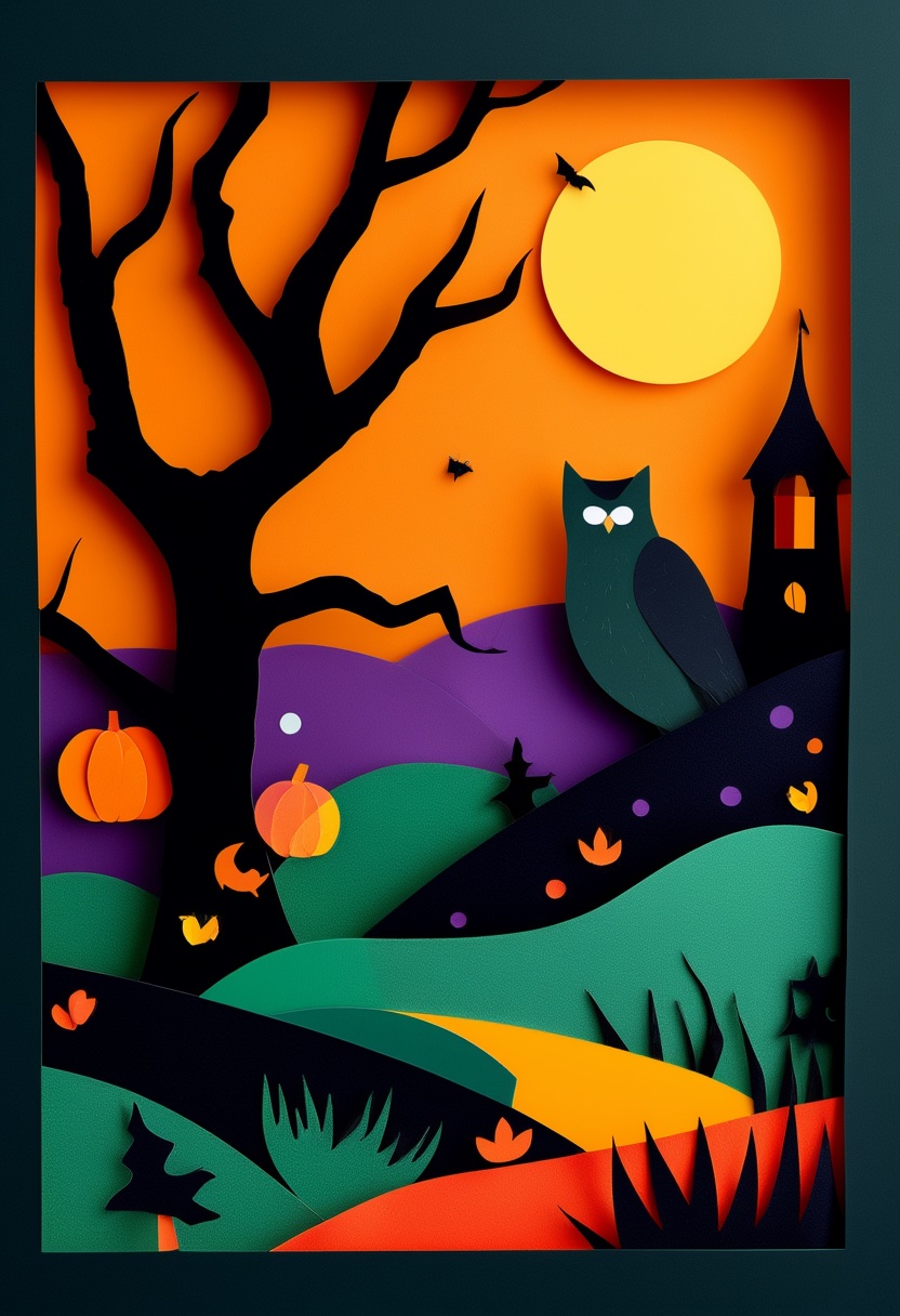 Owl Moonlit Night — Halloween cut-paper-style greeting card
